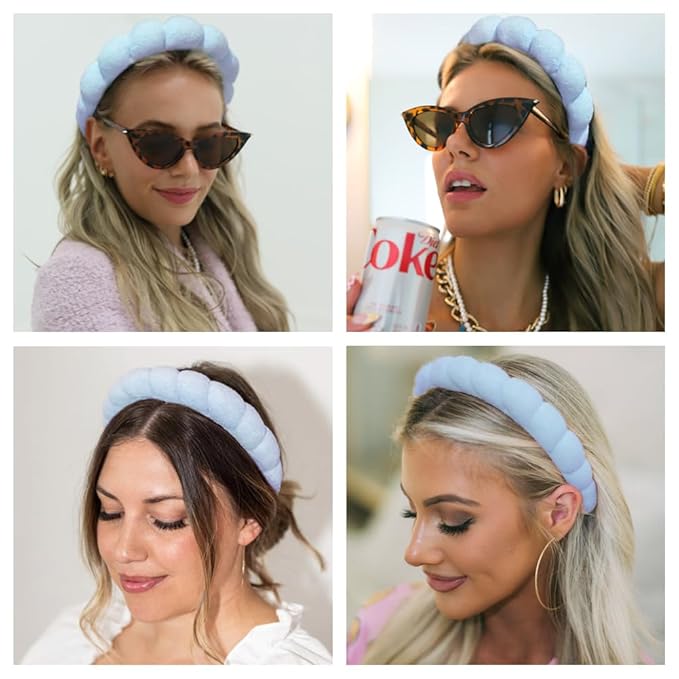 Spa Headbands for Washing Face or Makeup, Sponge Bubble Skincare Headbands, Puffy Terry Cloth Hairband for Women, Skin Care Makeup Headwear Hair Accessories for Girls(Blue)