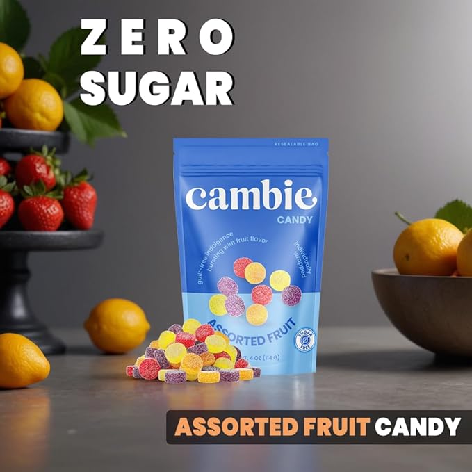 Cambie Sugar Free Candy - Pack of 6 Assorted Fruit Gummies, Individually Wrapped, Low Calorie, No Aftertaste, Small & Delicious Guilt-Free Low Carb Keto Sugar Free Candy