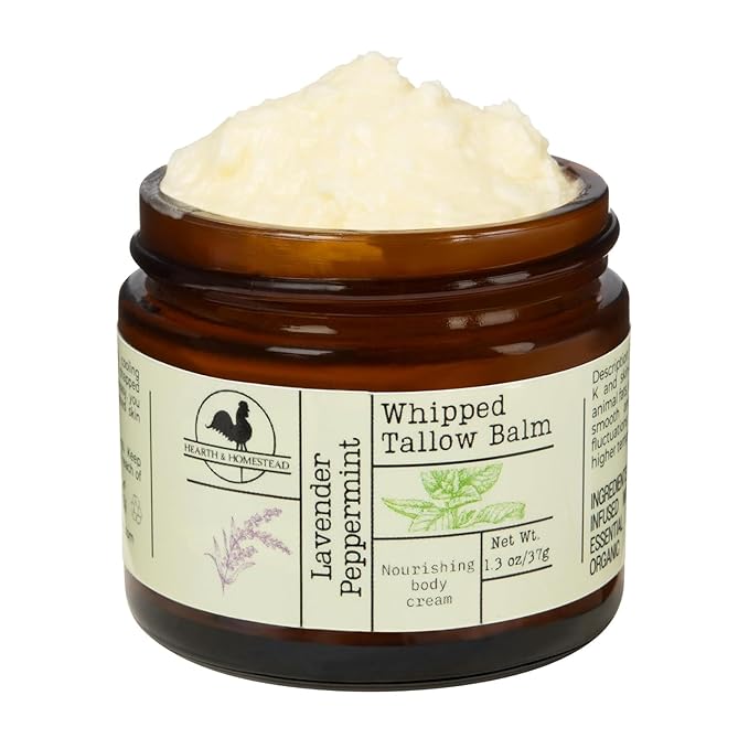 Hearth and Homestead: Handmade Whipped Tallow Balm (Lavender Peppermint): Organic Body Butter with Infused Olive Oil- 1.3 oz