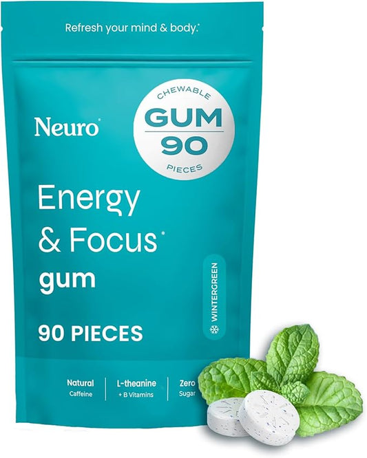 NeuroGum Energy & Focus Gum (90 Count Bag, Wintergreen) | 40mg Natural Caffeine + L-Theanine + Vitamin B12 & B6 + Xylitol | Sugar Free Nootropic Cognitive Brain Performance Supplement