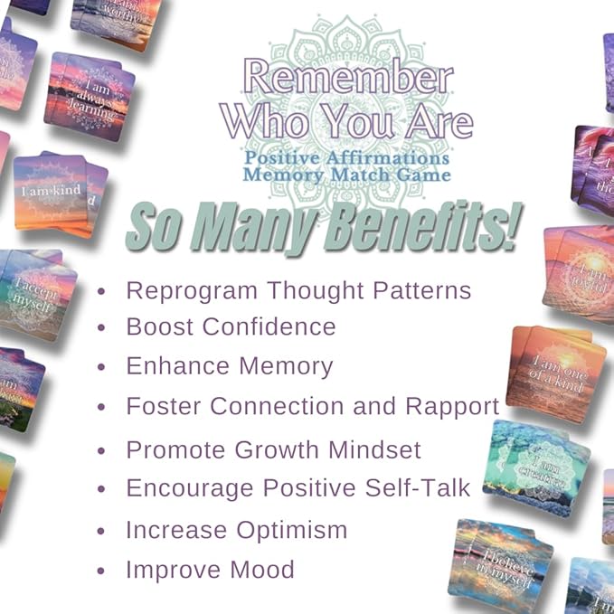 Positive Affirmations Memory Matching Game REMEMBER WHO YOU ARE, Therapy Games for School Counselors and Therapists, Positive Affirmation Cards Game for Adolescents, Teens and Adults
