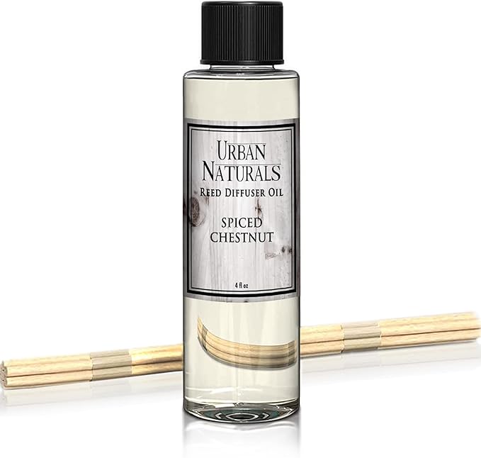 Urban Naturals Spiced Chestnut Oil Reed Diffuser Refill with Free Set of Reed Sticks β Comforting Autumn Scent of Chestnuts, Cinnamon, Clove and Cedar Wood β Vegan, 4 oz, Made in The USA