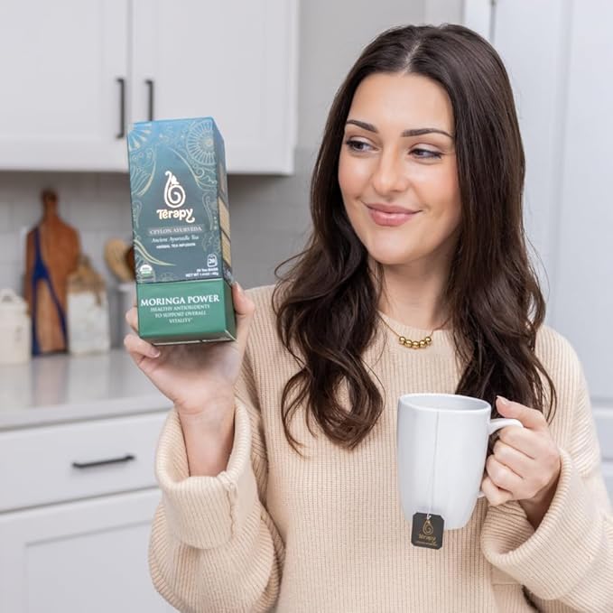 Tรฉrapy Ceylon Organic MORINGA TEA | USDA Organic Herbal Tea Bags| Helps with Vitality & Antioxidants | 100% Natural Ayurvedic Ingredients | 20 Individually Wrapped Tea Bags