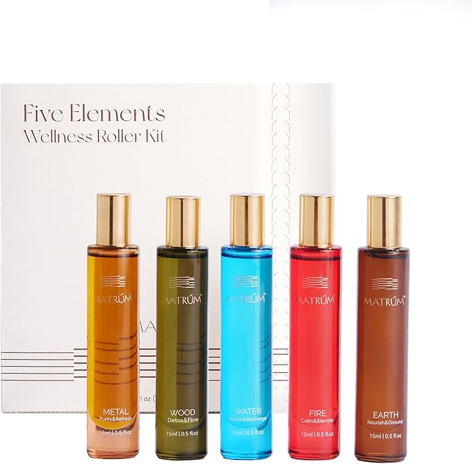 MATRUM Five Element Essential Oil Roll-On Set – 100% Pure Aromatherapy Blend for Stress Relief, Anxiety Ease, Relaxation & Sleep Support, Circulation & Balance, Self-Care Gift, 2.5 Fl Oz