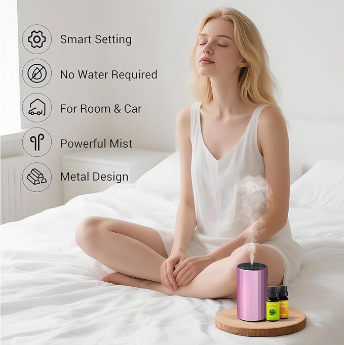 Essential Oil Diffuser Waterless Scent Aromatherapy Diffusers for Home Large Room, Bedroom, Car, Office,Desk, Battery Operated, Small Cordless Air Freshener Machine, 3 Countdown Timers & 3 Mist Levels