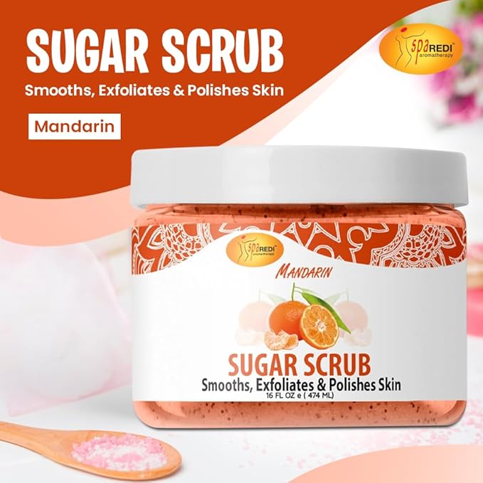 SPA REDI – Sugar Body Scrub, Mandarin, 16 Oz, Exfoliating, Moisturizing, Hydrating and Nourishing, Glow, Polish, Smooth and Fresh Skin - Body Exfoliator
