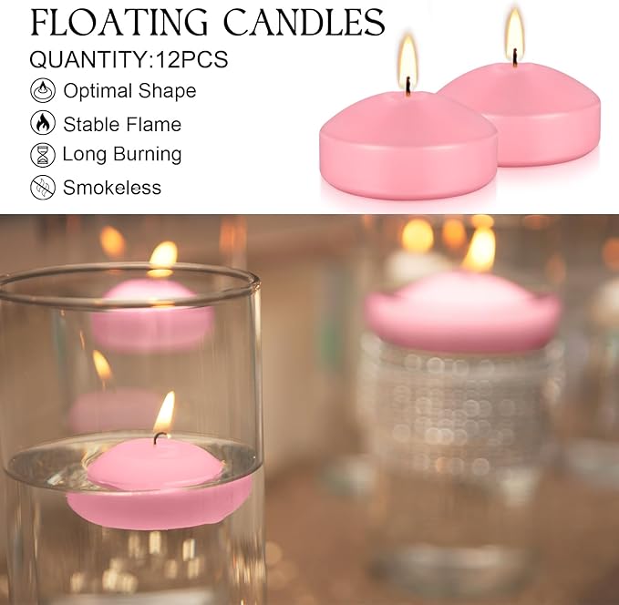 12-Pack 3 Inch Pink Floating Candles - Romantic Decor for Celebrations, and Parties