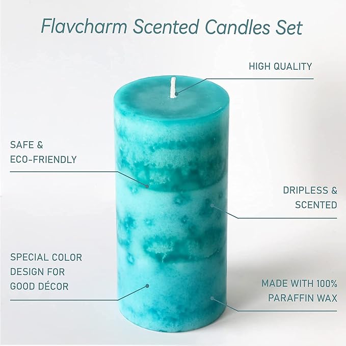Pillar Candles Ocean Breeze Scented 3x6 inch Long-Lasting Clean Burning Candle 3 Pack Teal Turquoise Candles Coastal Themed Ocean Marine Rustic Decor for Home Bathroom Wedding
