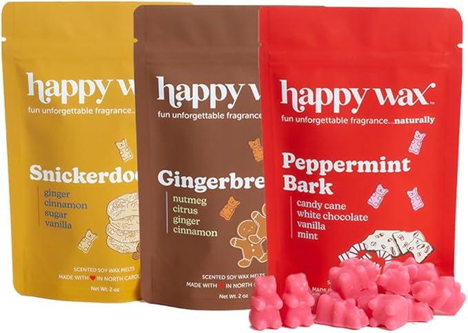 Happy Wax Holiday Treats Collection Scented Natural Soy Wax Melts – 6 Total Oz. of Scented Wax Melts, Collection Includes Peppermint Bark, Gingerbread, and Snickerdoodle