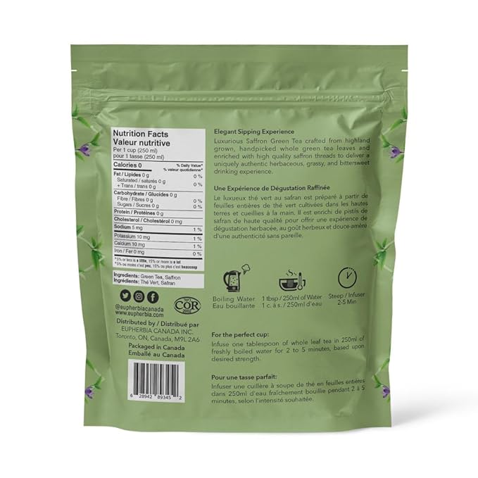 Eupherbia Saffron Green Tea, Handpicked, Highland Grown Whole Leaf Tea, Enriched with 3 Grams of Premium Saffron Threads, Herbaceous, Grassy, Bittersweet, 227g (8 oz)