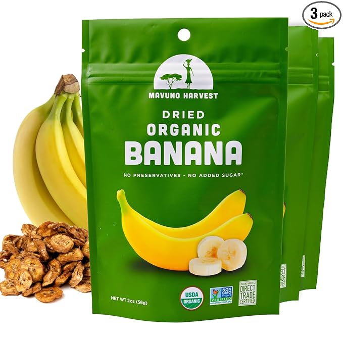 Mavuno Harvest Dried Banana Chips Fruit Snacks | Organic Dried | Healthy for Kids & Adults | Unsweetened Chips | Gluten Free | Vegan, Non GMO, Direct Trade | 2 Oz, Pack of 3