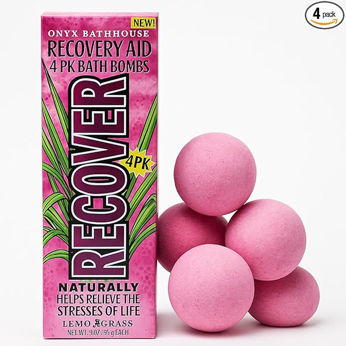 Recovery Aid Bath Bombs – Pink Lemongrass Scent, 4-Pack – Aromatherapy Self-Care Gift Set for Women – Natural Stress & PMS Relief, Moisturizing Epsom Salt Bath Fizzies by Onyx Bathhouse