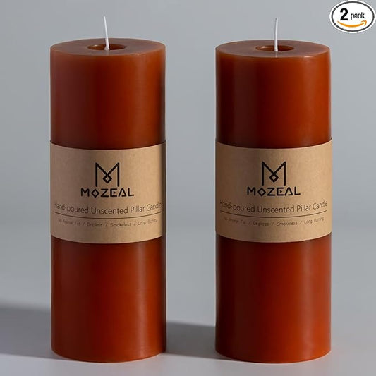 MOZEAL 3" x 8" Hand-Poured Unscented Large Candle, Smokeless Rustic Pillar Candle Set of 2, Slow Burn, No Drip, Approx 150 Hours Burning, Dinner, Autumn and Home Decorative,Tall Burnt Orange Candle