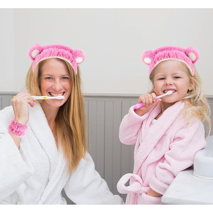 VELSCRUN Spa Headband, Makeup Face Wash Skincare Headbands, 5 Pcs Sponge Get Ready Bear Ears Hairband Facial Wristband Hair Clip Set, Stuff for Teen Girls Women Trendy Fashion Hair Accessories Pink