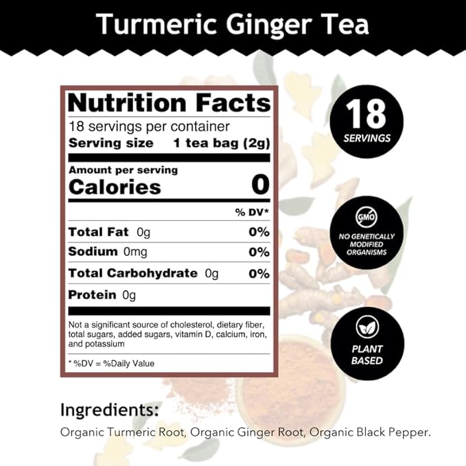Buddha Teas Organic Turmeric Ginger Tea - OU Kosher, USDA Organic, CCOF Organic, 18 Bleach-Free Tea Bags