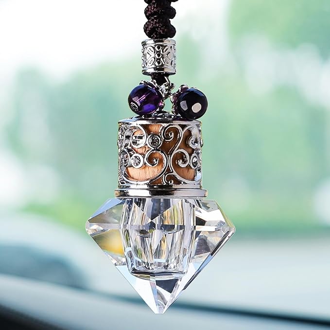 Car Air Freshener Diffuser Hanging Ornament, Diamond-Shaped Empty Crystal Bottle Car Mirror Hanging Accessories, Elegant Bottle Pendant with Wooden Caps Rear View Mirror Accessories