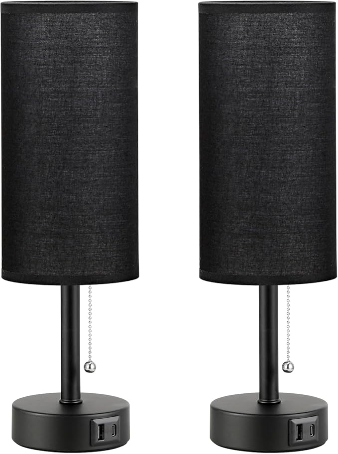 Black Bedside Lamps for Bedroom Set of 2 - Nightstand Table Lamp with USB Charging Port, Pull Chain Night Stand Light, Side Table Desk Reading Lamp for Living Room/Dorm/Bathroom/Kitchen