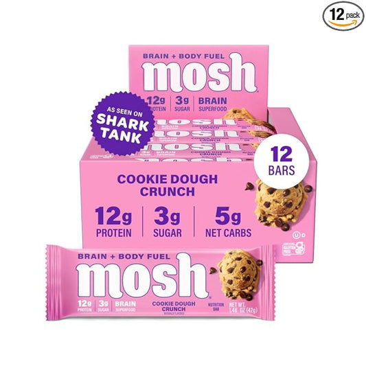 MOSH Cookie Dough Crunch Keto Protein Bars, High Fiber, Low Carb, Gluten Free, High Protein, Brain Healthy Snack, 12 Count