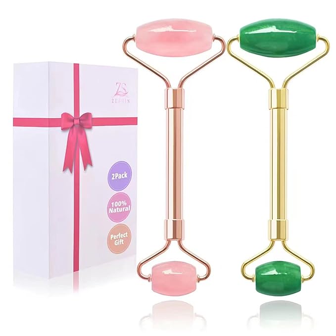 2 Pack Jade Facial Roller & Rose Quartz Face Roller for Wrinkles and Puffiness, Natural Jade Stone Face Massager Roller