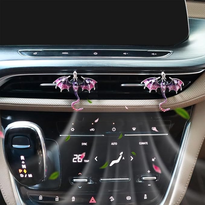 Bling Wyvern Car Air Freshener Vent Clips,2pcs Alloy Purple Enamel Dragon Vent Clips Car Accessories,Refillable Car Diffuser with Felt Mads,Coffee Fragrance Tablets