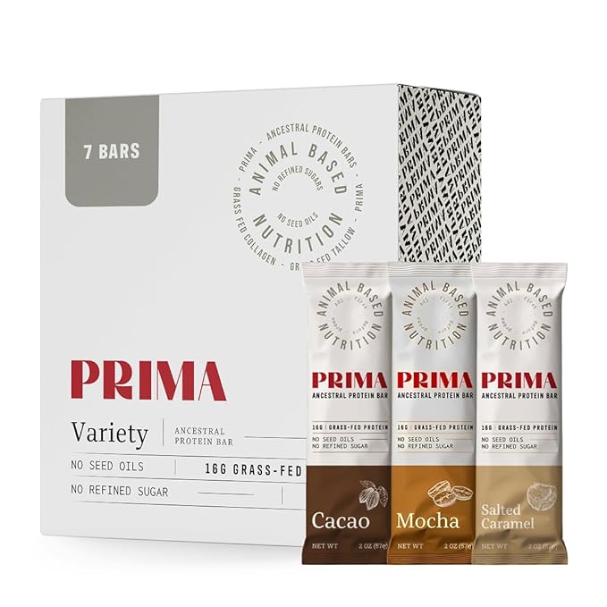 PRIMA ANCESTRAL PROTEIN BAR Grass Fed Protein Bars, 7 Pack – Animal-Based Protein Bar with Beef Tallow, Raw Honey, Seed Oil Free, Low Carb, Gluten-Free – Healthy, Energy Snacks for Clean Lifestyle (7 Pack, Variety Pack)
