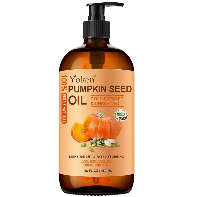 Cold-Pressed Pumpkin Seed Oil for Hair, Glass Bottle, 100% Pure & Natural Carrier, Massage Oils, Unrefined, 16 Fl Oz with Pump, Pumpkin Oil for Skin, Face, Nails, Body Moisturizer, Hexane-Free