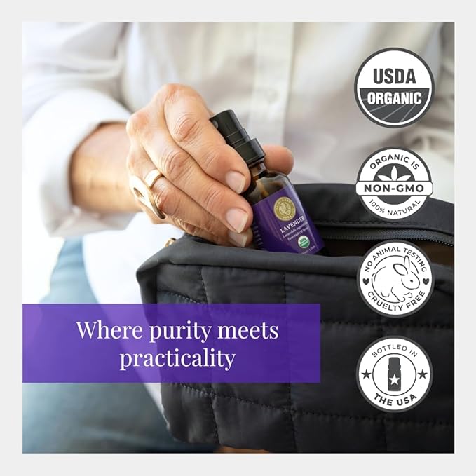 Silk Road Organic Lavender Essential Oil Spray, Lavandula Angustifolia, 100% Pure USDA Certified Aromatherapy for Calming, Relaxation & Skin – 1 oz Spray - Always Pure, Always Organic