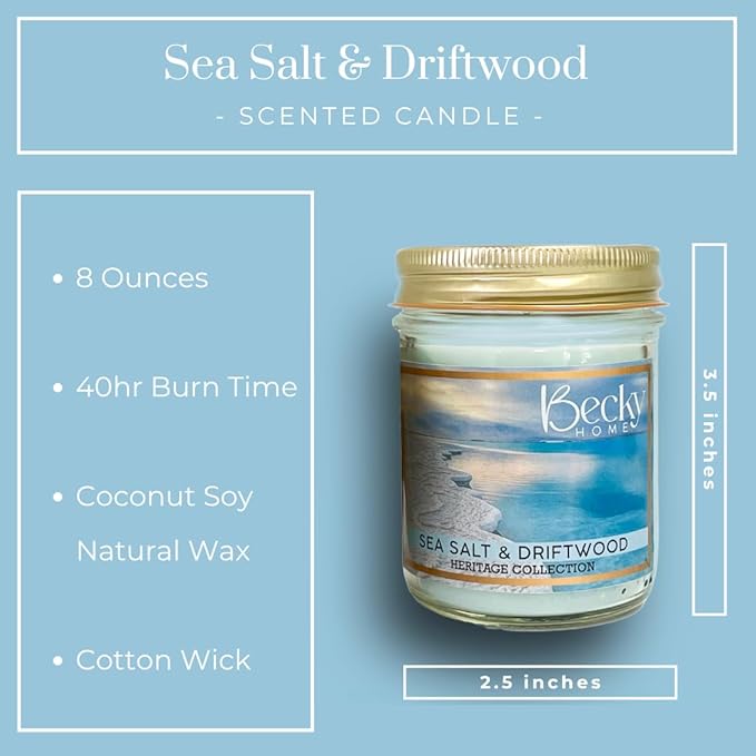8oz Sea Salt Scented Candles for Home, Salt and Sea Scented Beach, 45 Hrs Soy Wax Candle for Stress Relief, House Aromatherapy Candle Gifts for Men and Women