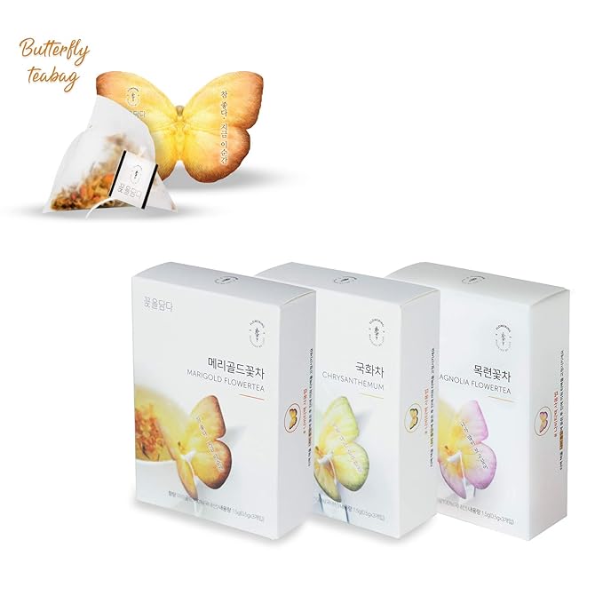 KKOKDAM Fancy Korean Tea Set Sampler – 3 Flavor Yellow Teas, Variety Pack with Butterfly Bags – Perfect and Elegant Korean Gift Box for Women- Perfect as Unique Tea Gifts or Gift Set for Women