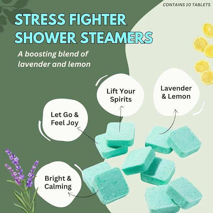 Stress Fighter Shower Steamers Aromatherapy for Relaxing - USA Made - Lavender & Lemon Shower Bomb Tablets – Christmas Gift - Adult Stocking Stuffer – Soothing Natural Essential Oils (10 Pack)