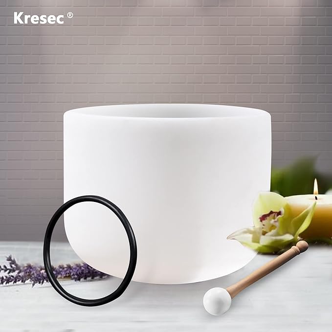 Kresec 8 Inch Crystal Singing Bowl G Note (¡À40 cents) Throat Chakra with O-ring and Mallet Quartz Crystal Sound Bowl for Meditation, Yoga, Spiritual and Body Healing and Energy Cleansing
