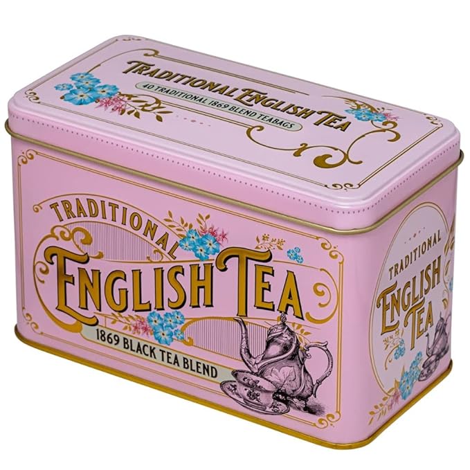 New English Teas Vintage Victorian Tea Tin with 40 Fine 1869 Blend English Teabags (Pink)