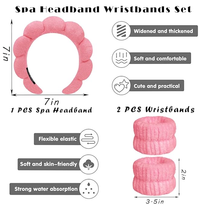 Spa Headbands for Washing Face Wristband Set Sponge Makeup Skincare Headband Wrist Towels Bubble Soft Terry Towel Cloth Hairband for Women Puffy Headwear Non Slip Thick Thin Hair Headwear (Rose red)