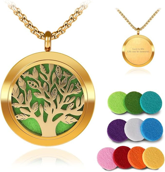 Aromatherapy Diffuser Necklace-Tree of Life Essential Oil Necklace,Aromatherapy Diffuser for Men and Women,Portable,Suitable for Yoga,Meditation,Travel,Stress Relief Gift(Gold 30mm)
