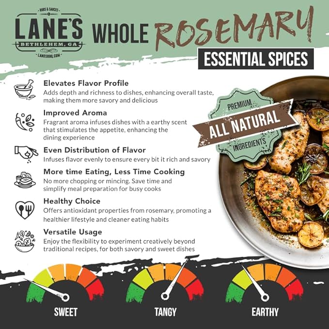 Lane's Whole Rosemary Seasoning, All-Natural Cracked Rosemary Spice Compliments Dishes like Chicken, Lamb, Pork, & Veggies, Made in USA, 3.35 Oz (94g)