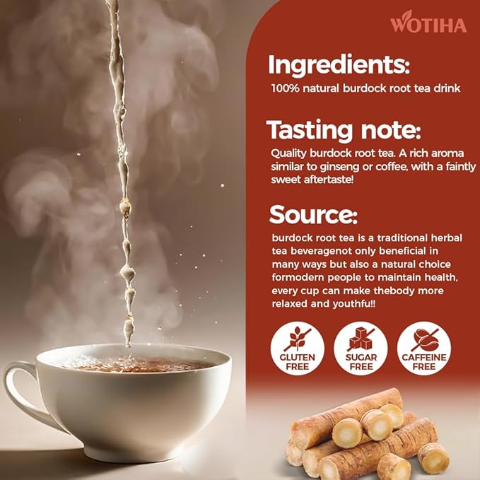WOTIHA-Natural Burdock root tea 150g.75 Herbal Tea Bags.Non-GMO • Additive-Free • Caffeine-Free • Sugar-Free • Vegan