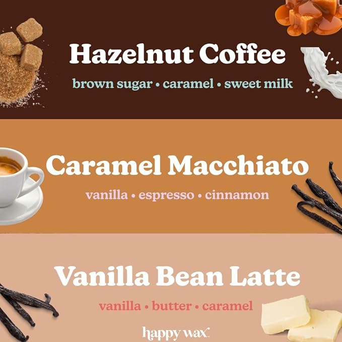 Happy Wax Coffee Mix Collection Scented Natural Soy Wax Melts – 6 Total Oz. of Scented Wax Melts, Collection Includes Hazelnut Coffee, Vanilla Bean Latte and Caramel Macchiato
