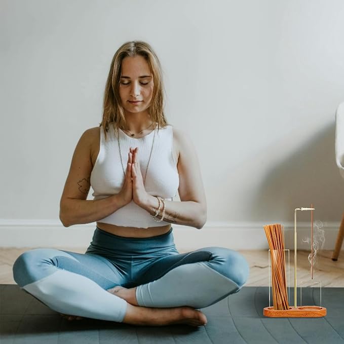 2 in 1 Incense Holder for Sticks(Height Adjustable), Anti-Ash Flying Insence-Sticks Burner with Glass Incense Holder Organizer for Meditation Yoga Spa Home Decor Sage (Golden Metal Rod)