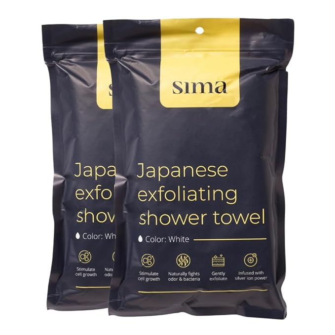 Exfoliating Washcloth Face & Body Scrub Towel - Japanese Exfoliating Towel with Hexagon Fibers, Body Scrubber with 2 Sides for Scrubbing & Washing, Extra Long (White, 2 Pack)