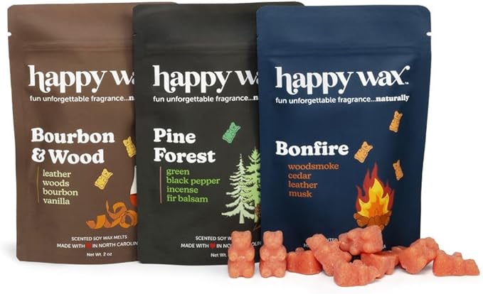 Happy Wax Cozy Cabin Winter Scented All Natural, Non Toxic Soy Wax Melts; 6 Total Oz. of Scented Wax Melts, Collection Includes Bonfire, Bourbon &Wood and Pine Forest