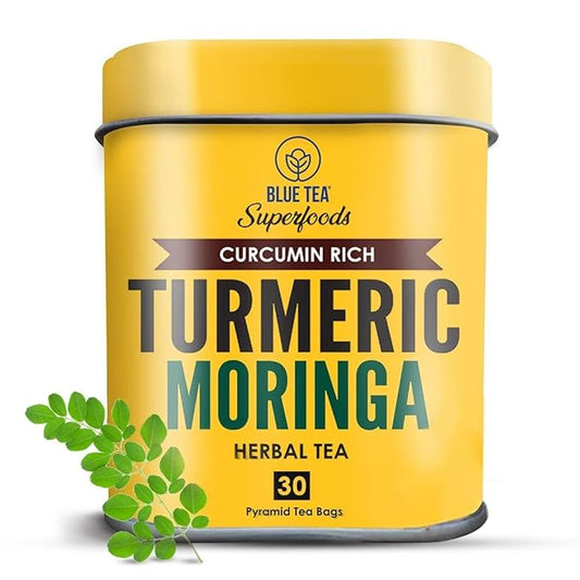 BLUE TEA - Turmeric Tea - Moringa - 30 Count - Pyramid Plant Based Tea Bag | CURCUMIN RICH - HERBAL BLEND | Caffeine Free - Vegan - Herbal Tea - Mild Flavor - Healthy | Reusable Tin Pack