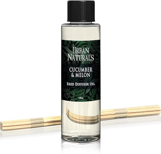 Urban Naturals Reed Diffuser Oil Refill Cucumber Melon, Crisp Cucumber, Juicy Melon, Refreshing Summer Scent, 4 oz + Free Reed Sticks, Made in The USA