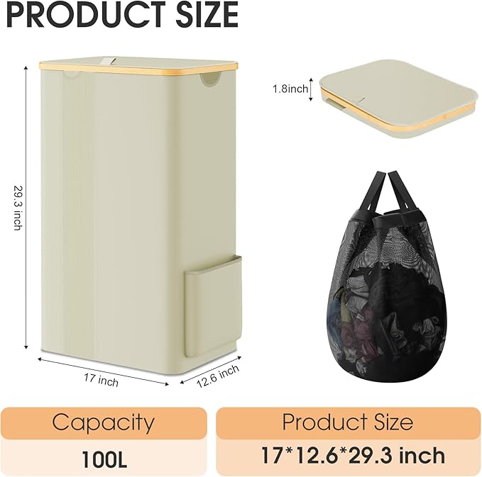Laundry Basket Clothes Hamper with Lid and Pocket Large Collapsible Laundry Baskets with Handle, Freestanding Hampers for Bedroom Aesthetic, Dorm, Bathroom, Laundry Room (100L, Beige)