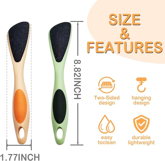 Double Sided Foot File Callus Remover 2-Pack, Pumice Stone for Feet with Ergonomic Handle, Dead Skin Remover for Cracked Heels, Pedicure Tool for Dry or Wet Use at Home & Salon