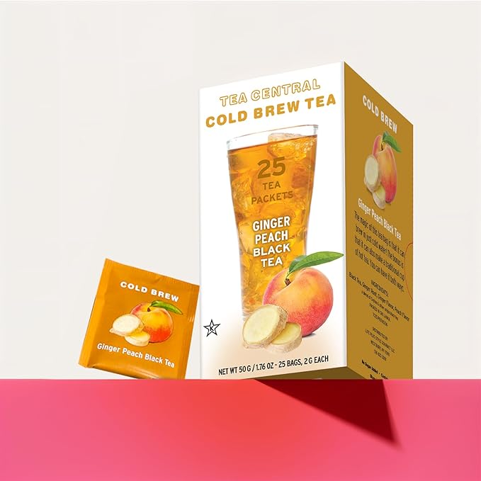 Life Plus Style Gourmet TEA CENTRAL Ginger Peach Black Tea Organic Ceylon Refreshing Tea Beverages Ginger Natural Sweet Flavored Cold Brew Peach Tea Bags Everyday Wellness Iced Drink 25 Tea Bags