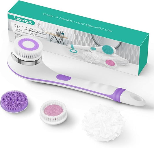 VOYOR Electric Body Brush Back Scrubber for Shower Rechargeable Exfoliating Bath Brush Powered Shower Brush with Non-Slip Long Handle Deep Cleansing, Exfoliation, Massaging Spin Brush BC100 (Purple)