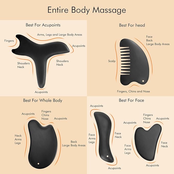 5 Pcs Bian Stone Guasha Tools, Natural Scraping Massage Set for Whole Body, Gua Sha Facial Tool for Daily Skincare, Trigger Point Massage Tool for Deep Relaxing and Pain Relief