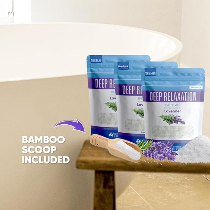 Deep Relaxation Bath Salt (3 Pack Plus Scoop) Relaxing Bath Soak with Pure Lavender Essential Oil in BPA Free Pouch with Press Lock Seal Made in USA 3 Pack of 2 Lbs 6 Lbs Total