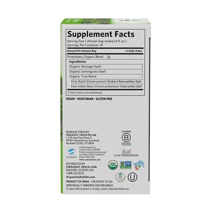 ORGANIC INDIA Tulsi Moringa Tea Bags- Holy Basil, Lemongrass, Moringa Leaves, Calming Immune Support Tea, USDA Organic, Caffeine Free- 18 Bags, 3 Pack