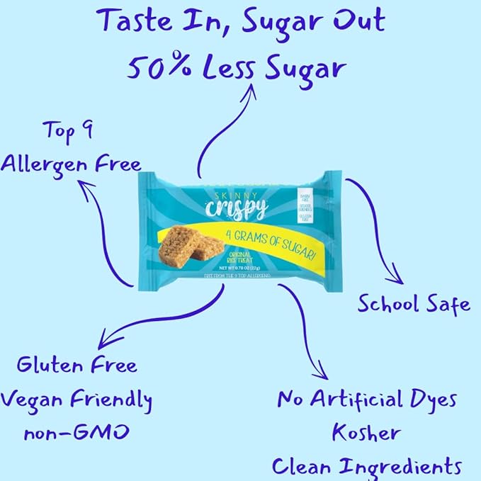 Skinny Crispy Original Vanilla Rice Treats – Low Sugar (4g), Vegan, Gluten-Free, Dairy-Free, Non-GMO, Top 9 Allergen-Free, Healthy Snack Bars, 15 Count